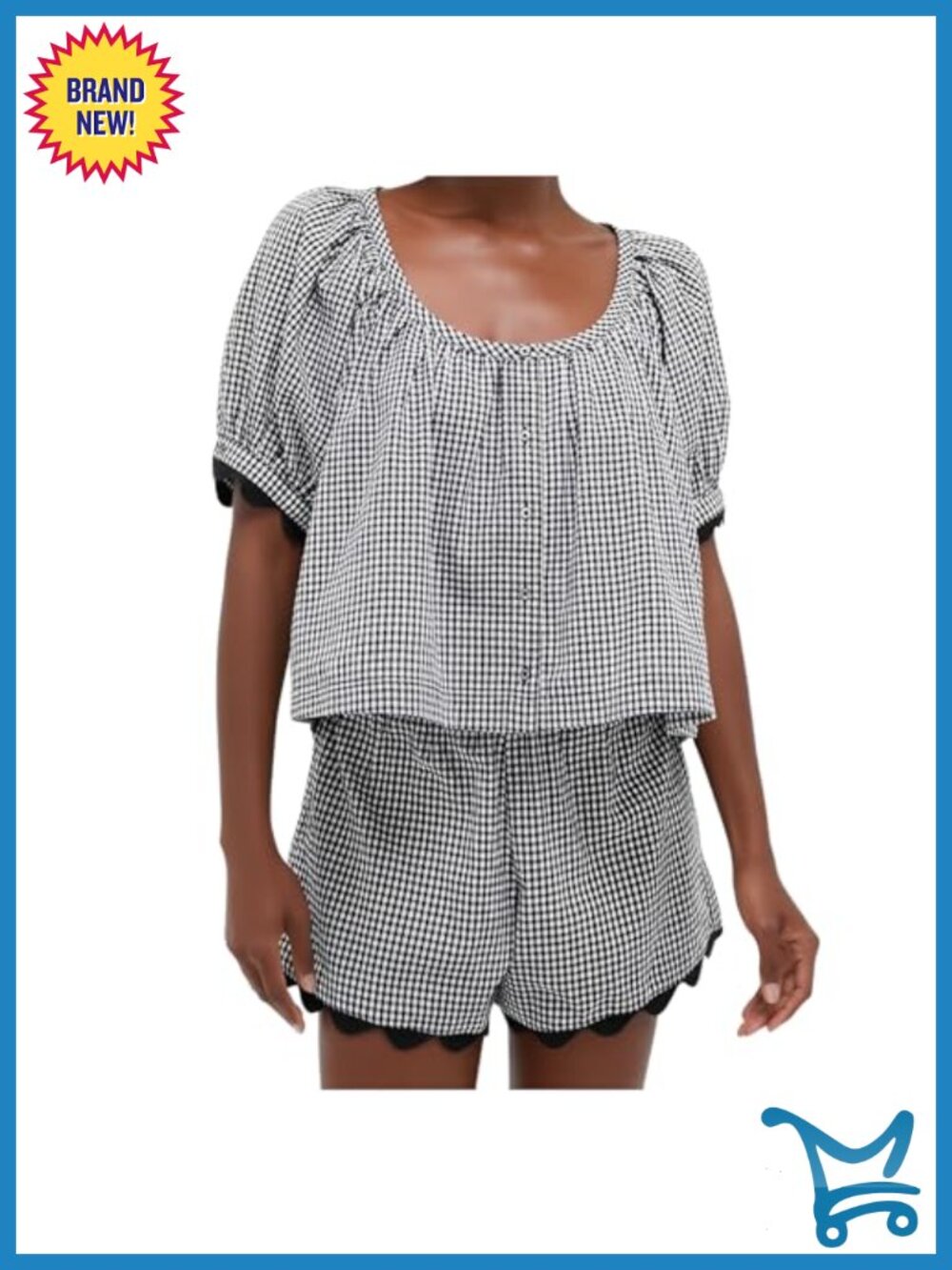 Puff Sleeve Gingham Two Piece Set with Scalloped Shorts